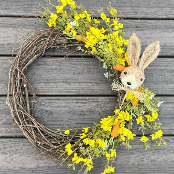 Spring Bunny Rafta Easter Wreath with Yellow Flowers with Carrots Home Decor - Picture 1 of 7